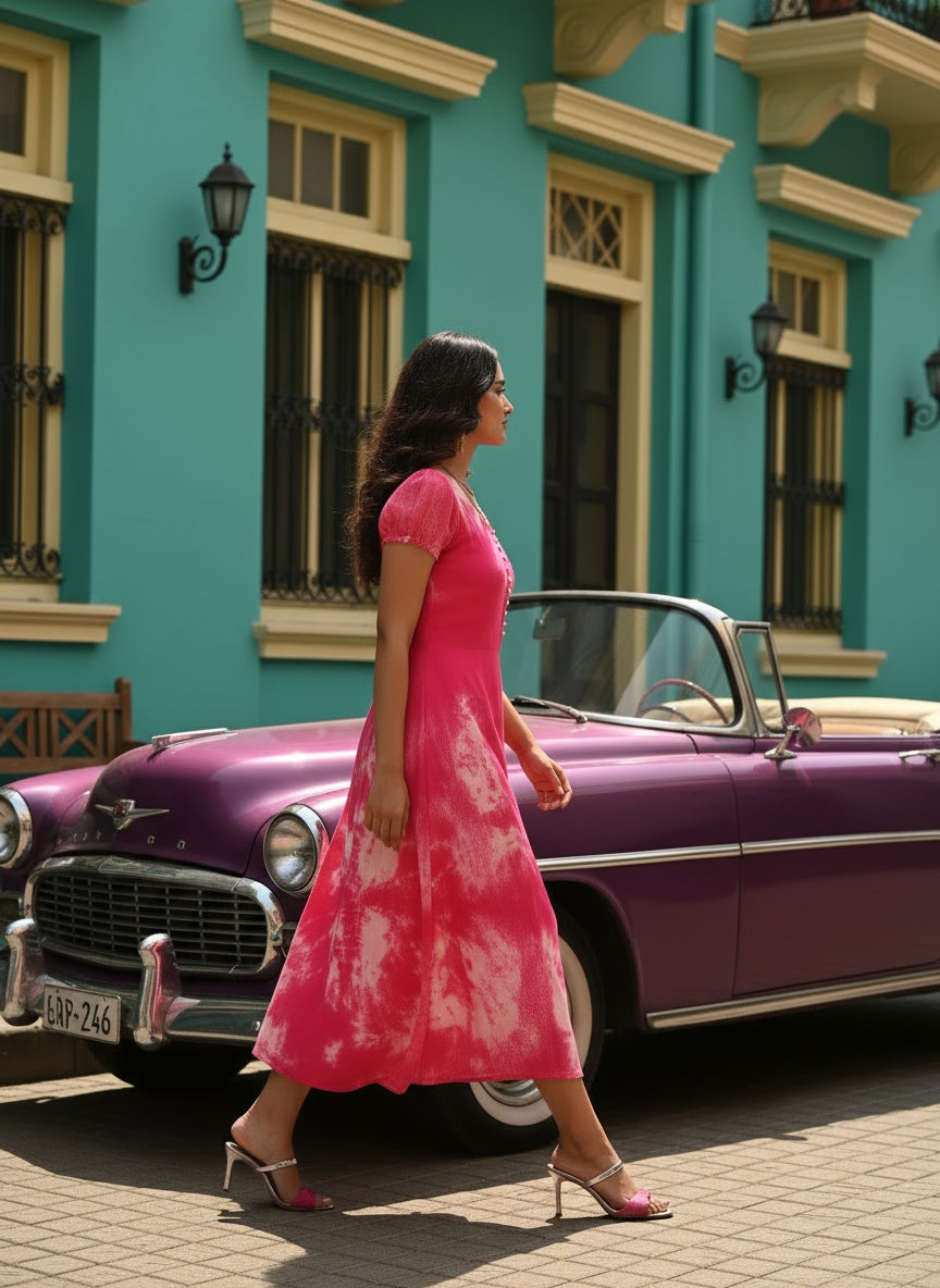 Rayon Fuchsia Tie Dye Flared Dress (W1281)