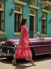 Rayon Fuchsia Tie Dye Flared Dress (W1281)