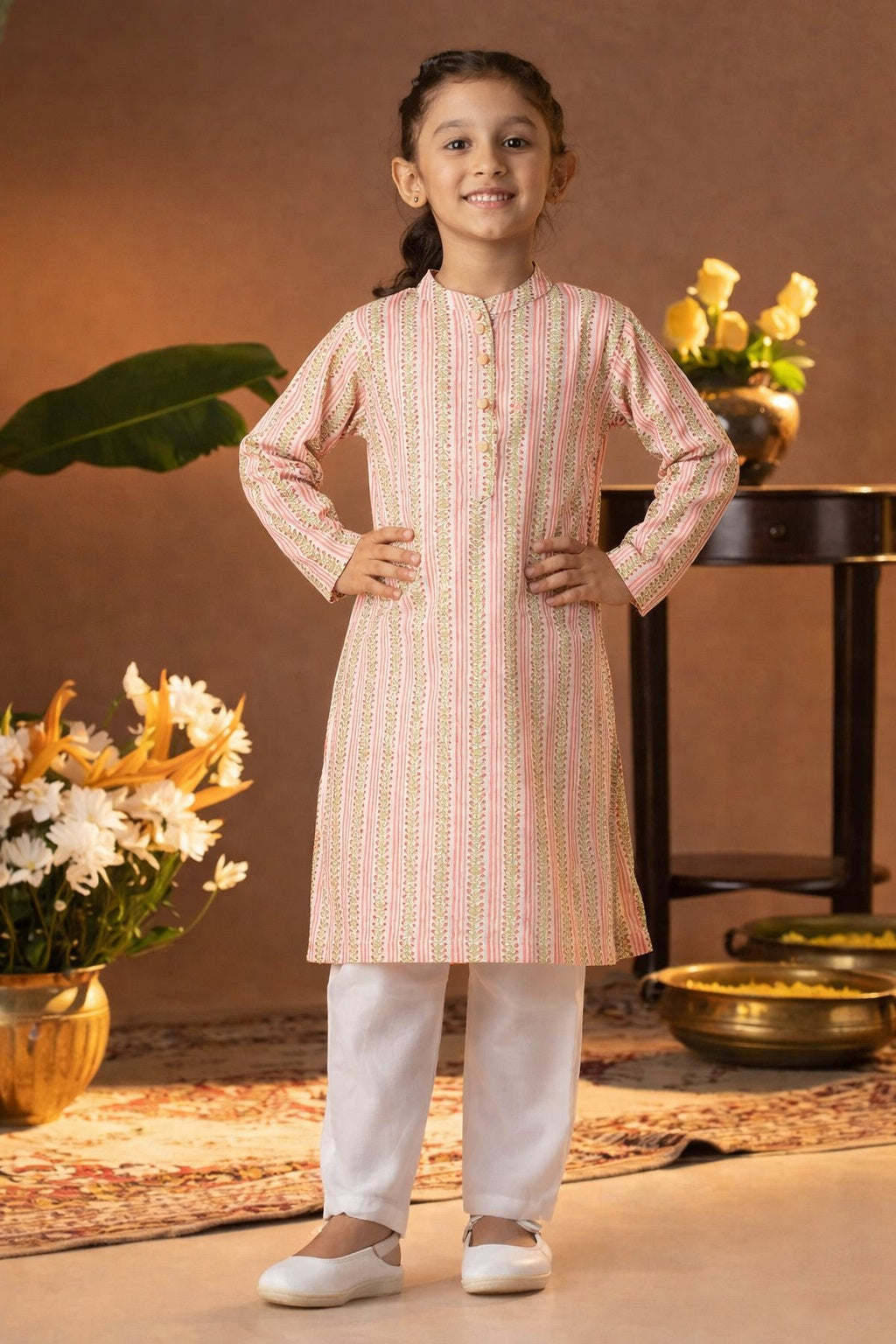 Printed Cotton Kurta Pyjama Set For Girls (K1052)