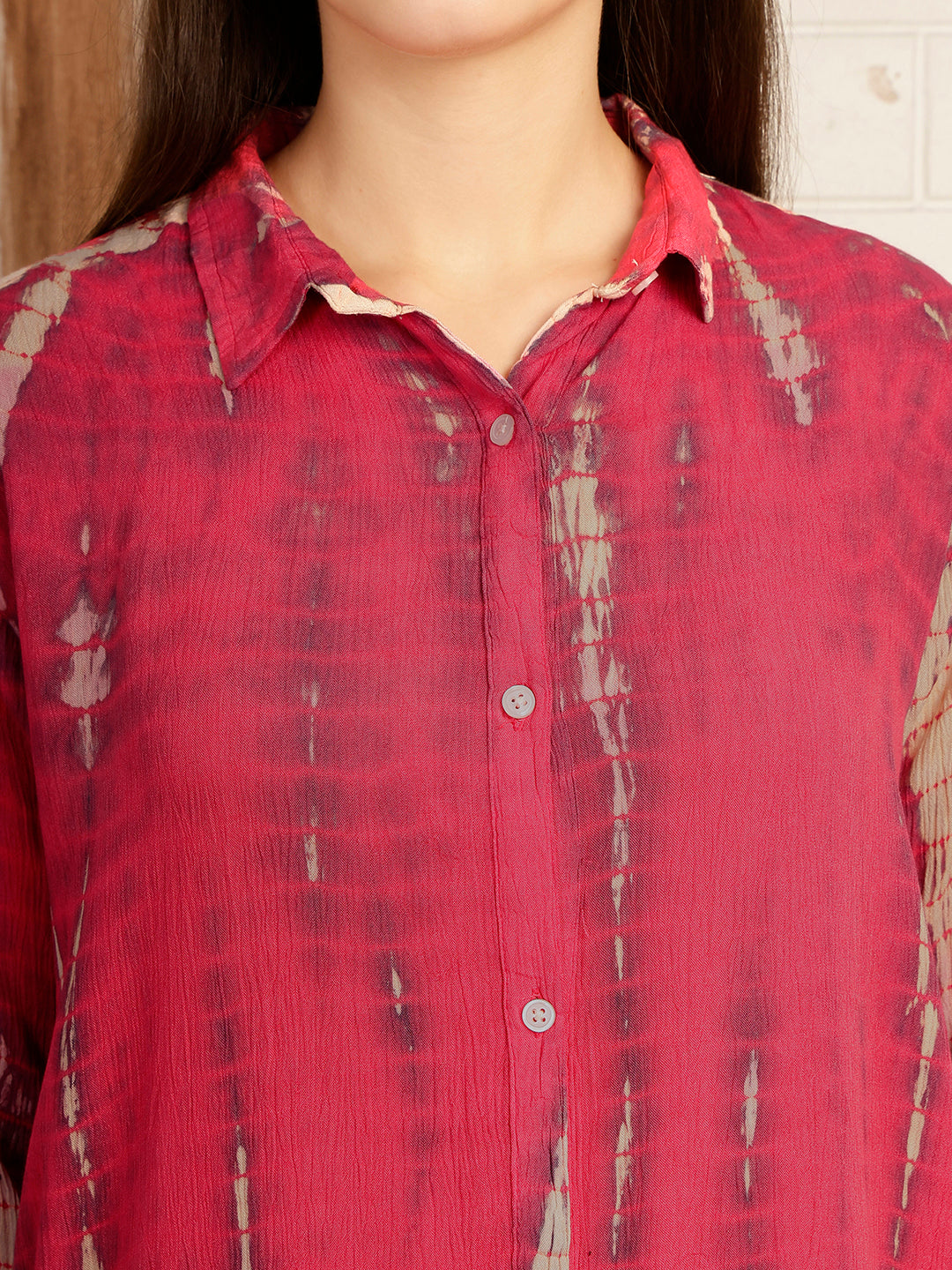 Women Hand Tie & Dye Pink Rayon Casual Shirt (W1791)
