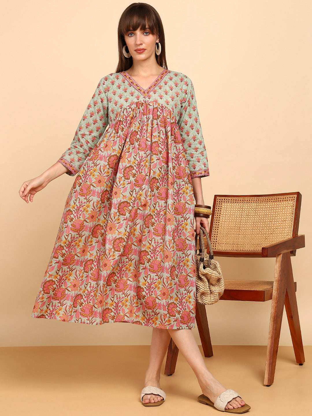 Women Cotton Floral Printed Flared/A-Line Dress (W1779)