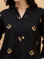 Women Black Printed Camric Casual Top (W1809)