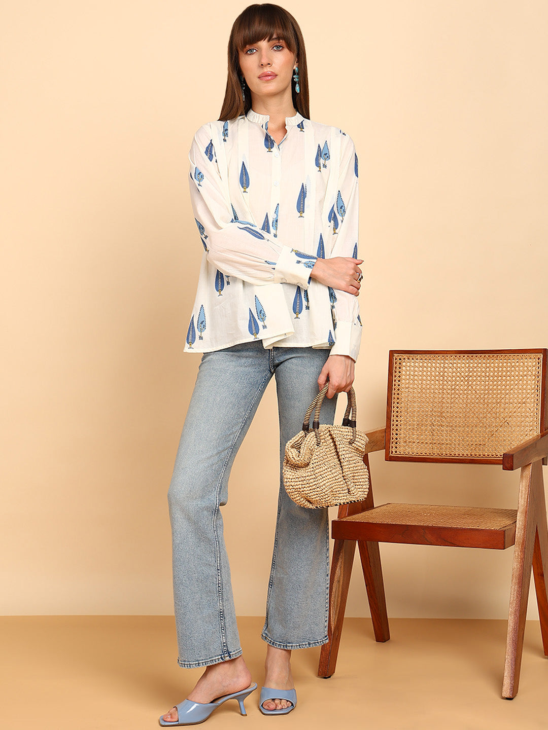 Women Cotton Printed Mandarin Collar Regular Fit Shirt (W1765)