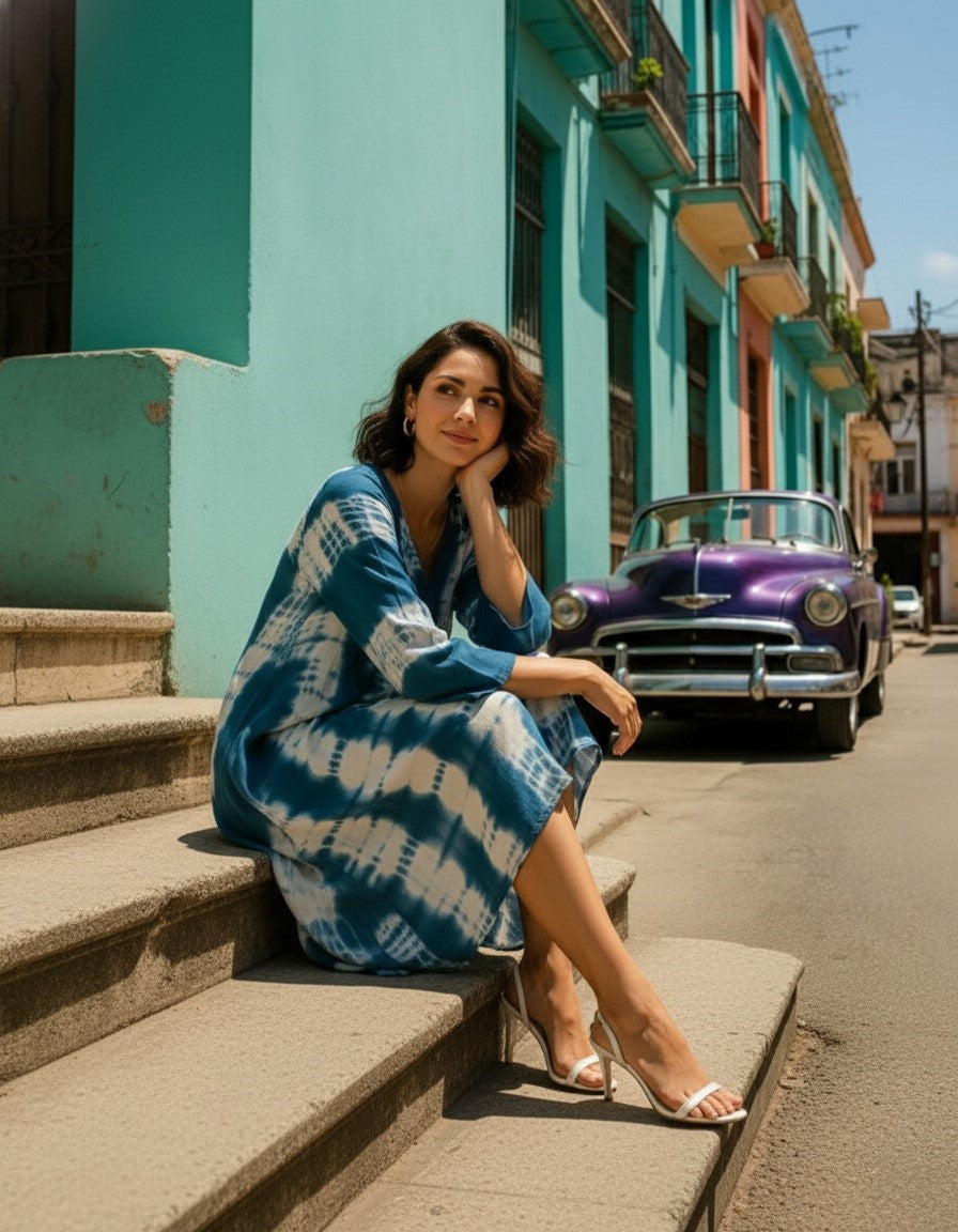 Women Handmade Dyed Rayon Flared Blue Dress (W1599)