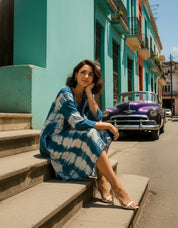 Women Handmade Dyed Rayon Flared Blue Dress (W1599)