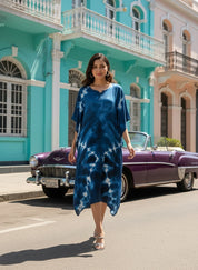 Women Rayon Crepe Tie & Dye Blue Kaftan Dress (W1348)