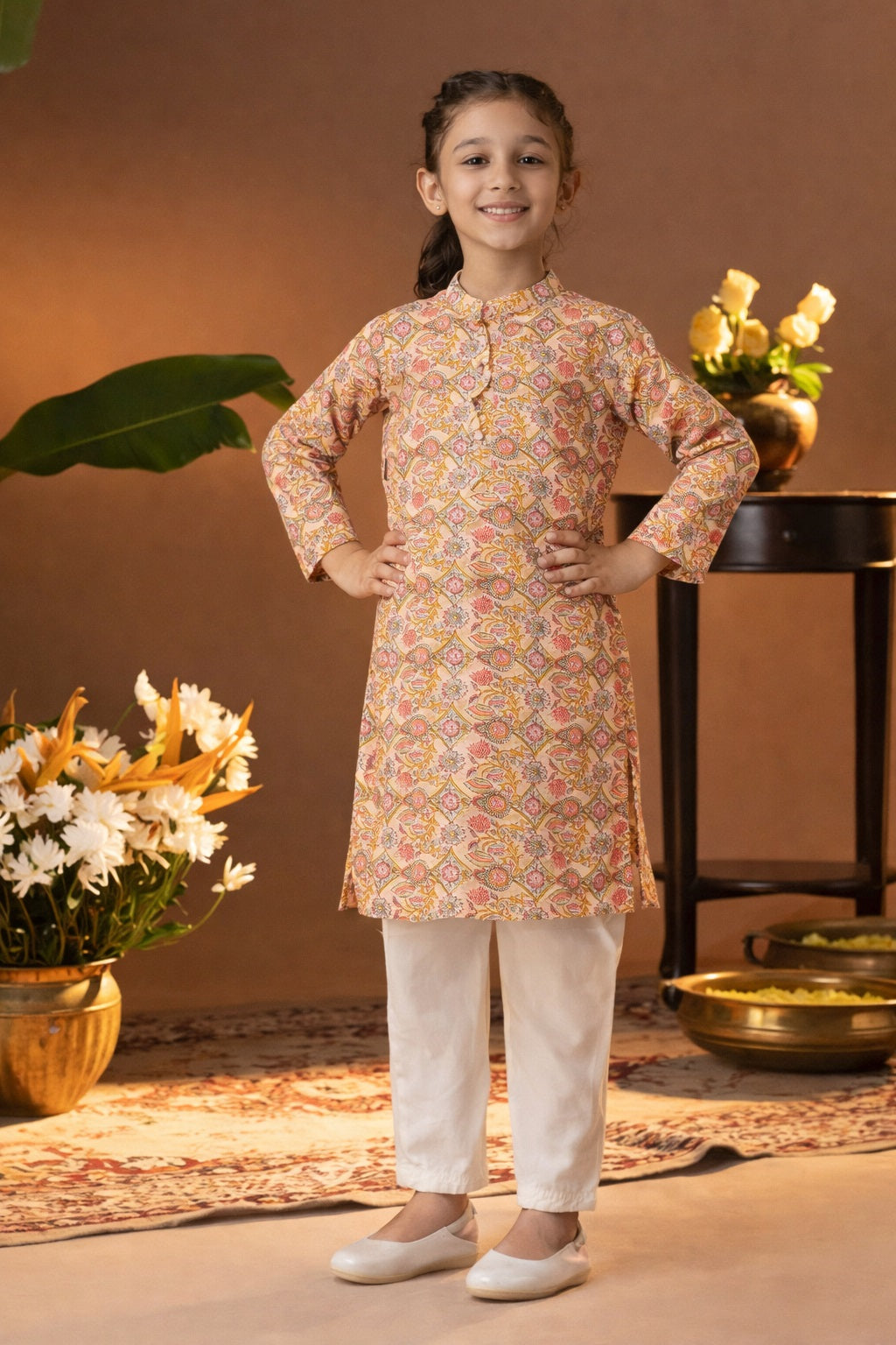 Printed Cotton Kurta Pyjama Set For Girls (K1054)