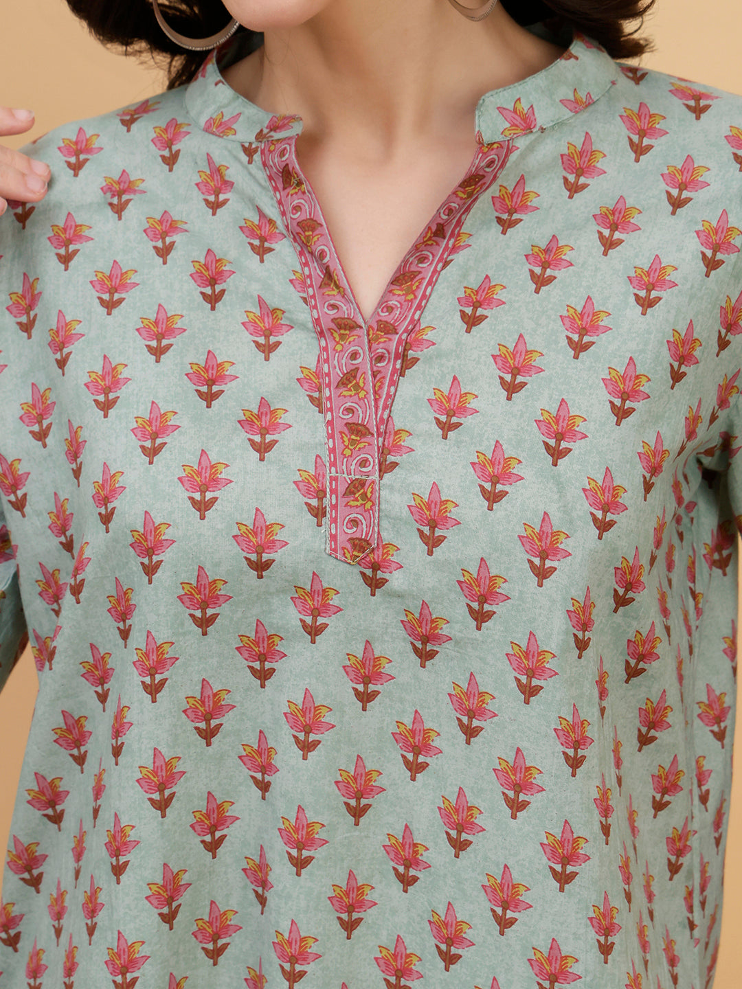 Women Green Printed Camric Casual Top (W1808)