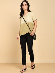 Women Casual Rayon Slub Tie & Dye V-Neck Short Sleeves Regular Fit Top (W1685)
