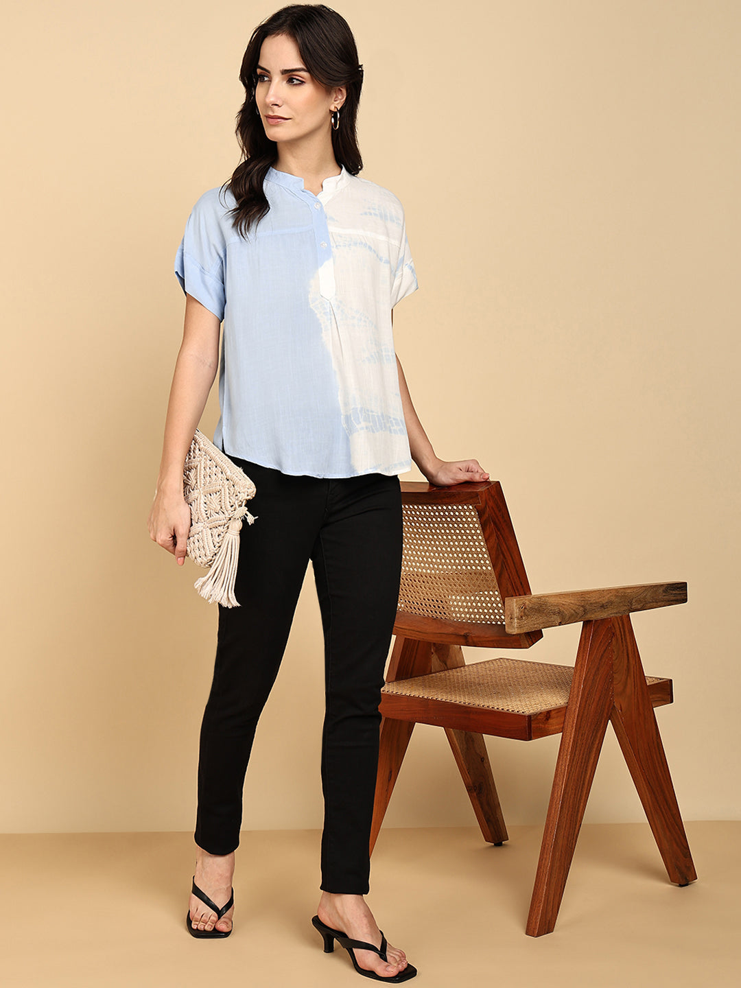 Women Casual Rayon Slub Tie & Dye Mandarin Short Sleeves Regular Fit Top (W1700)