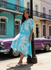Rayon Crepe Hand Dyed Tie Dye Blue Kaftan Dress (W1188)