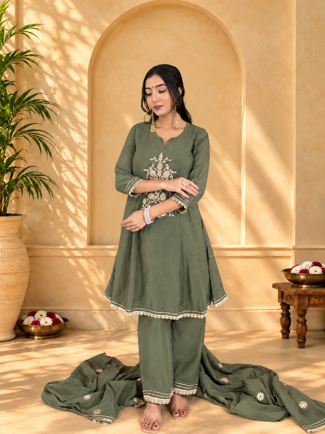 Jaipurhues Luxe Green Mulchanderi Festive Kurta Set | Kurta Bottom Dupatta (W10009)