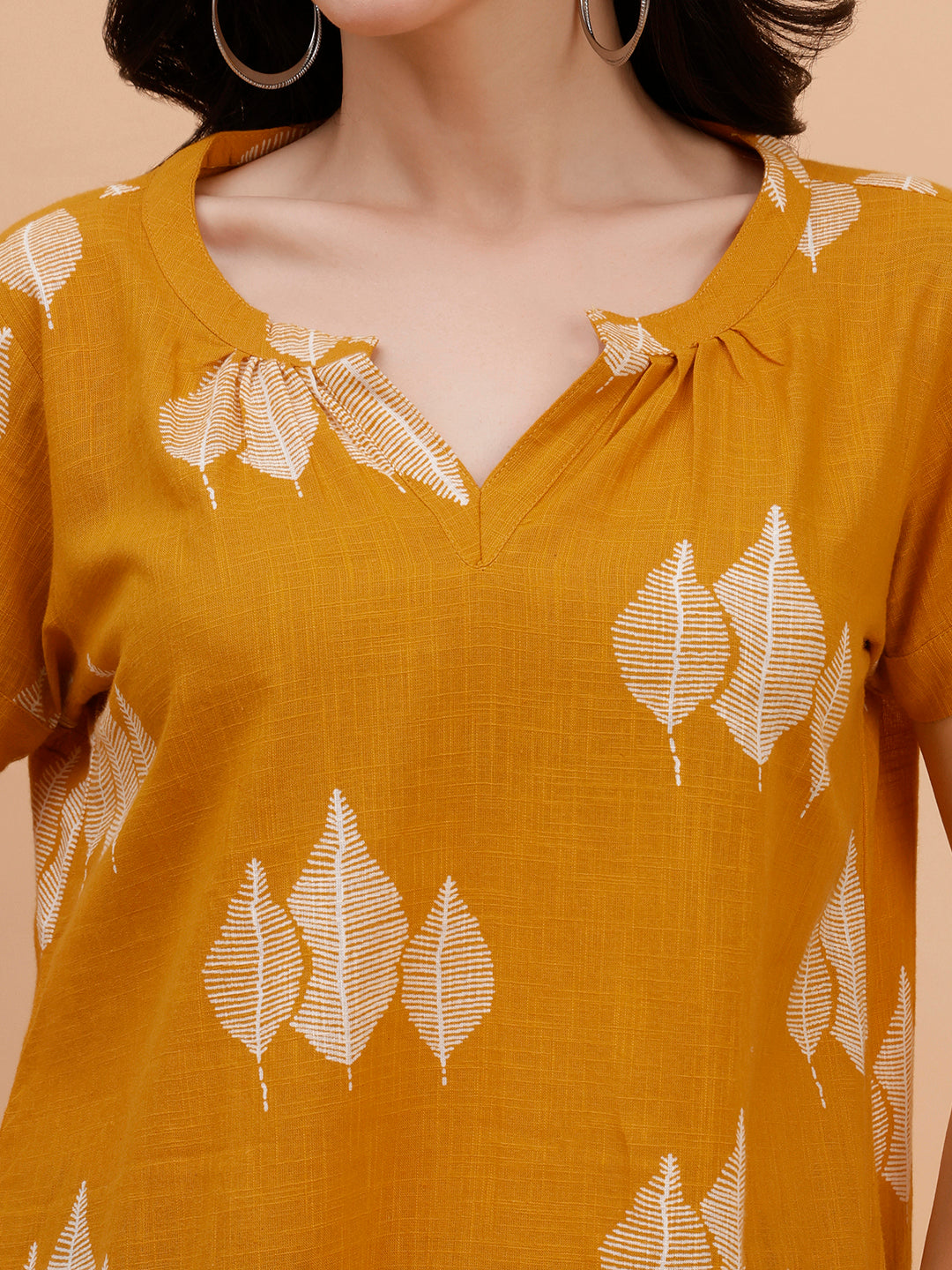 Women Cotton Printed Mustard Casual Top (W1794)