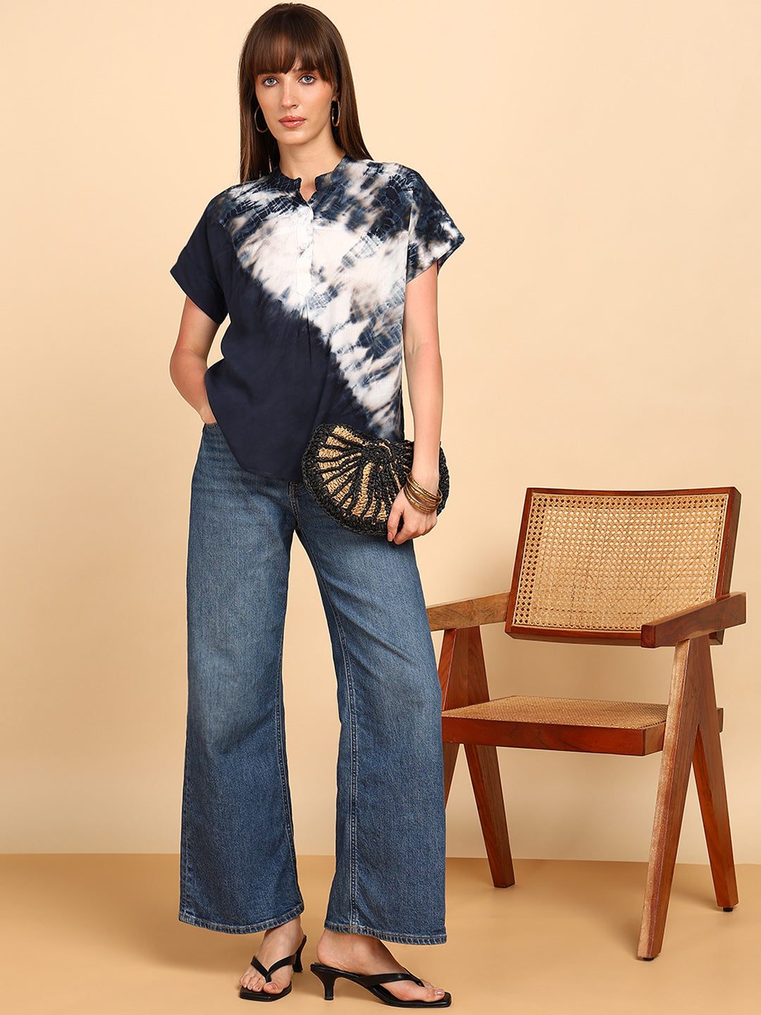 Women Rayon Slub Tie & Dye Mandarin Collar Regular Fit Top (W1771)
