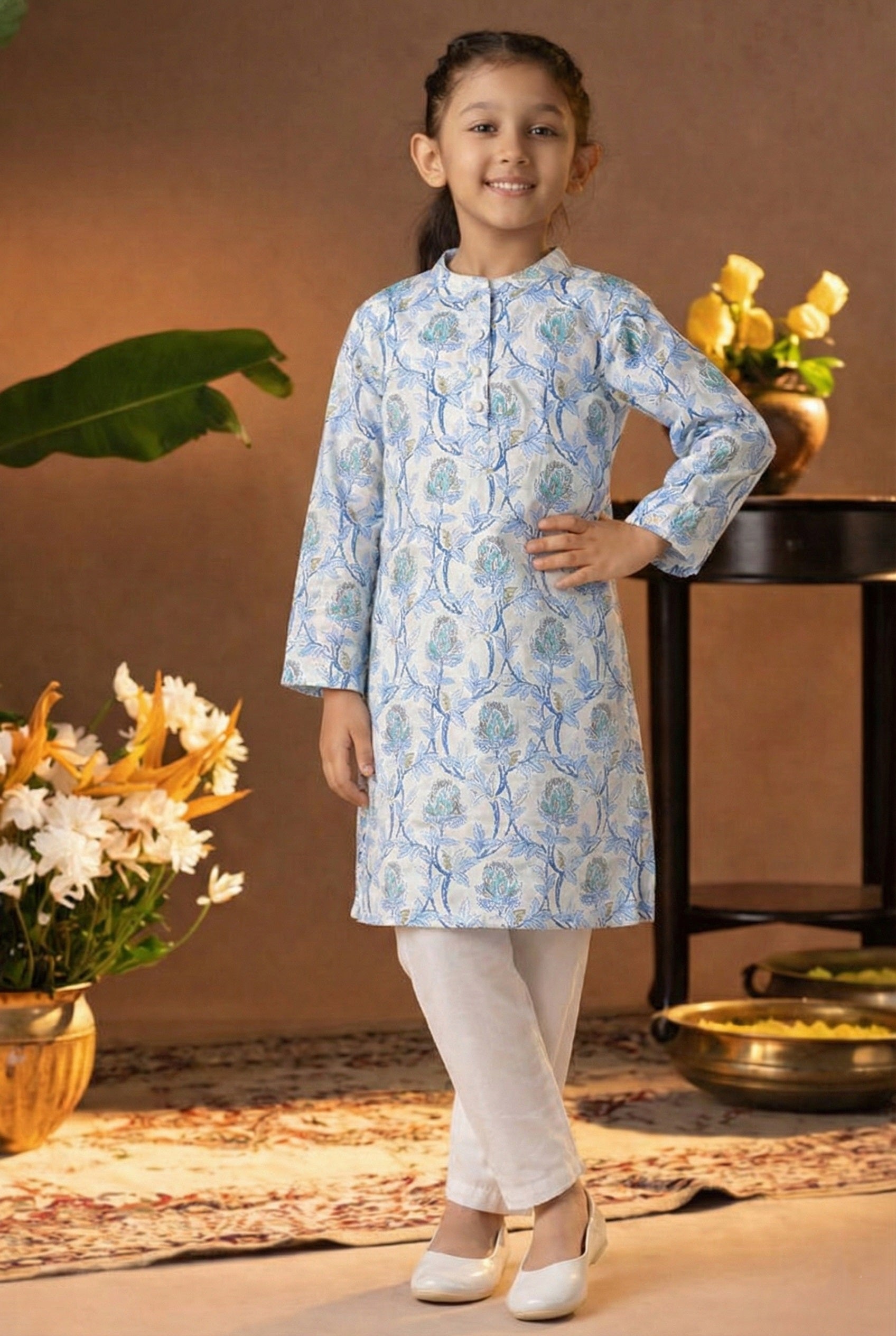 Printed Cotton Kurta Pyjama Set For Girls (K1053)