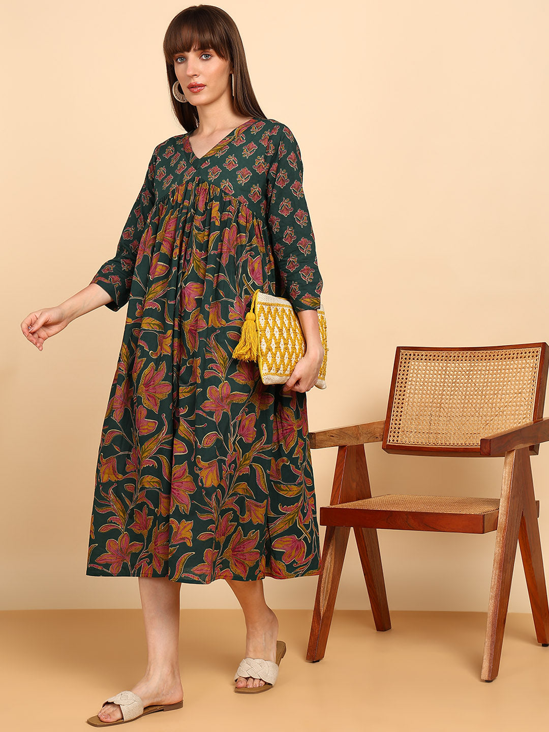 Women Cotton Floral Printed Flared/A-Line Dress (W1778)