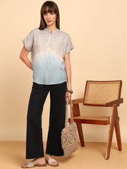 Women Rayon Slub Tie & Dye Mandarin Collar Regular Fit Top (W1770)