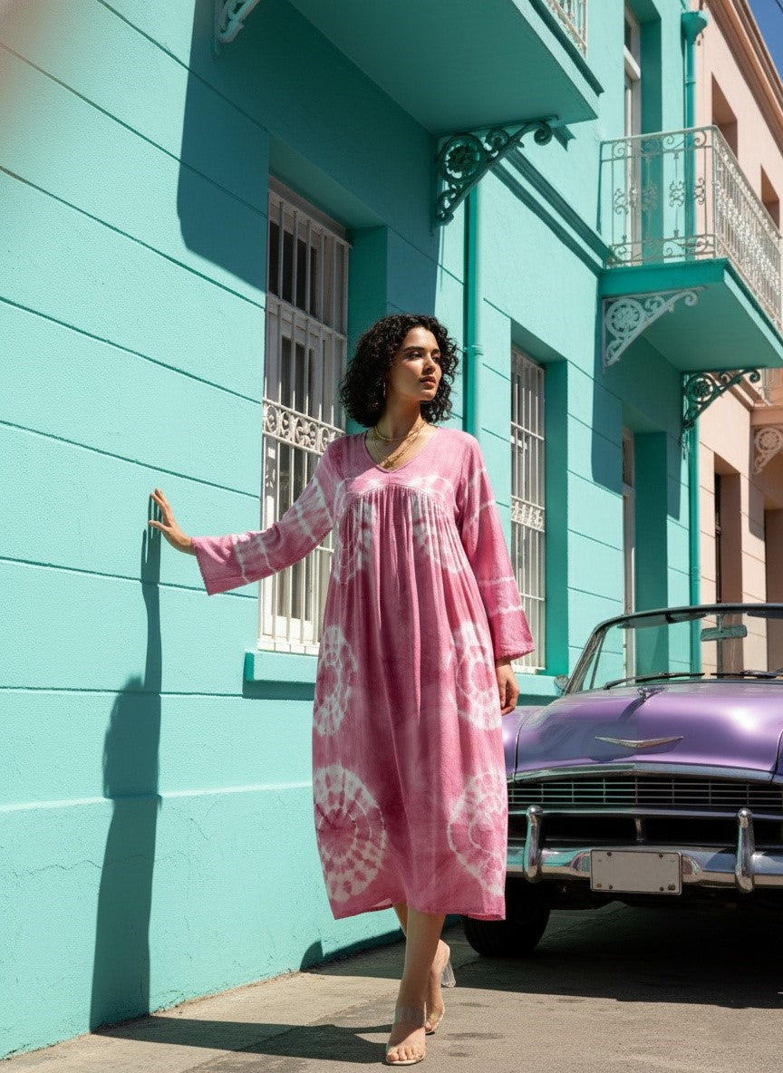 Women Handmade Floral Print Rayon Flared Pink Dress (W1597)