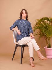 Women Casual Cotton Printed Mandarin Collar A-Line Top (W1343)