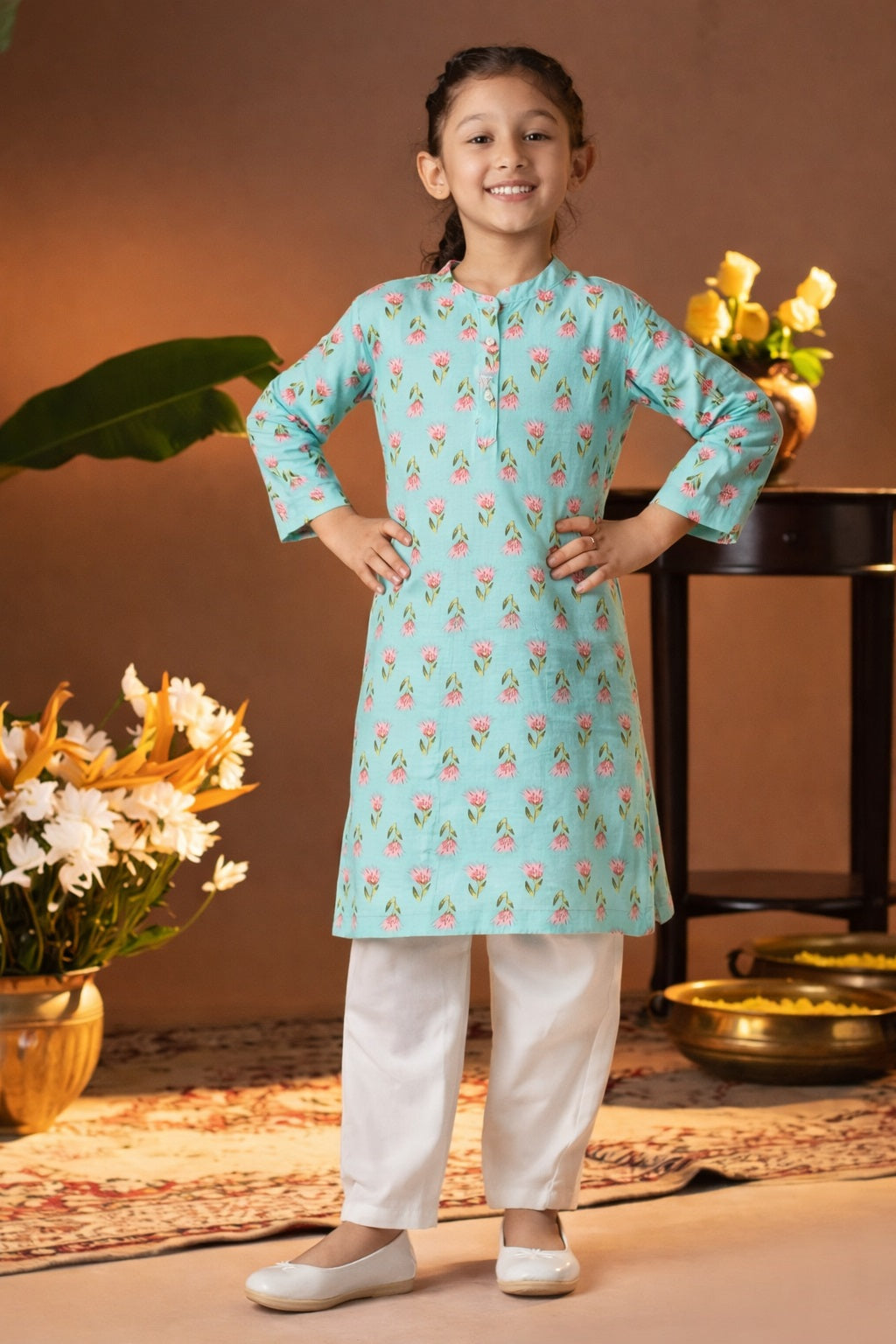 Printed Cotton Kurta Pyjama Set For Girls (K1049)