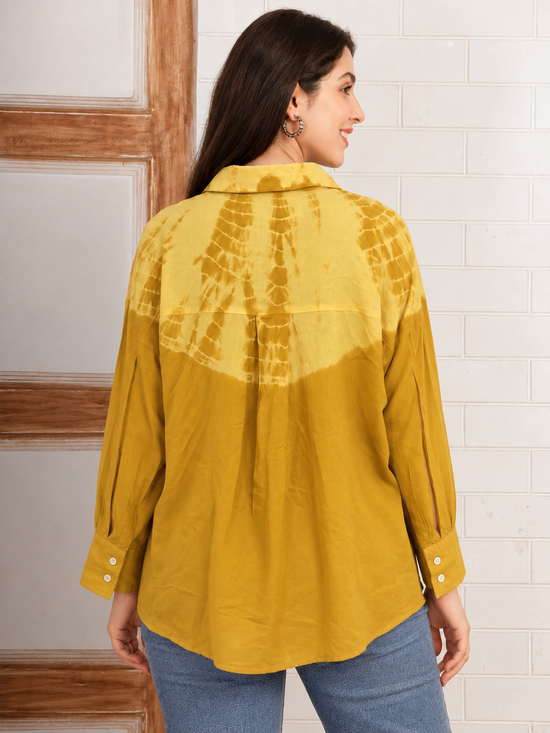 Women Hand Tie & Dye Mustard Rayon Casual Shirt (W1826)