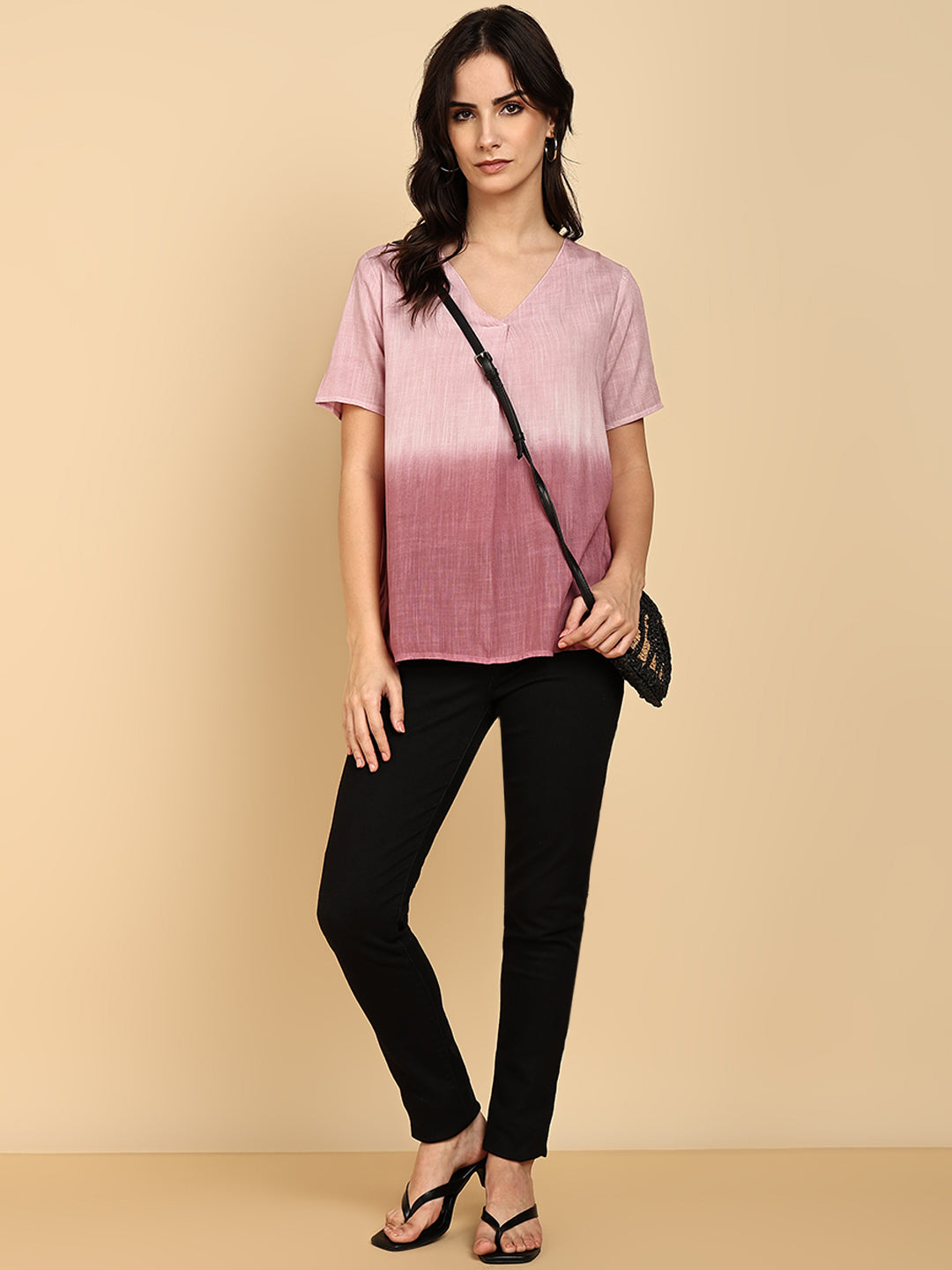 Women Casual Rayon Slub Tie & Dye V-Neck Short Sleeves Regular Fit Top (W1684)