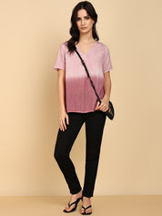 Women Casual Rayon Slub Tie & Dye V-Neck Short Sleeves Regular Fit Top (W1684)