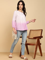 Women Casual Rayon Staple Tie & Dye Round Neck 3/4 Sleeves Regular Fit Top (W1717)