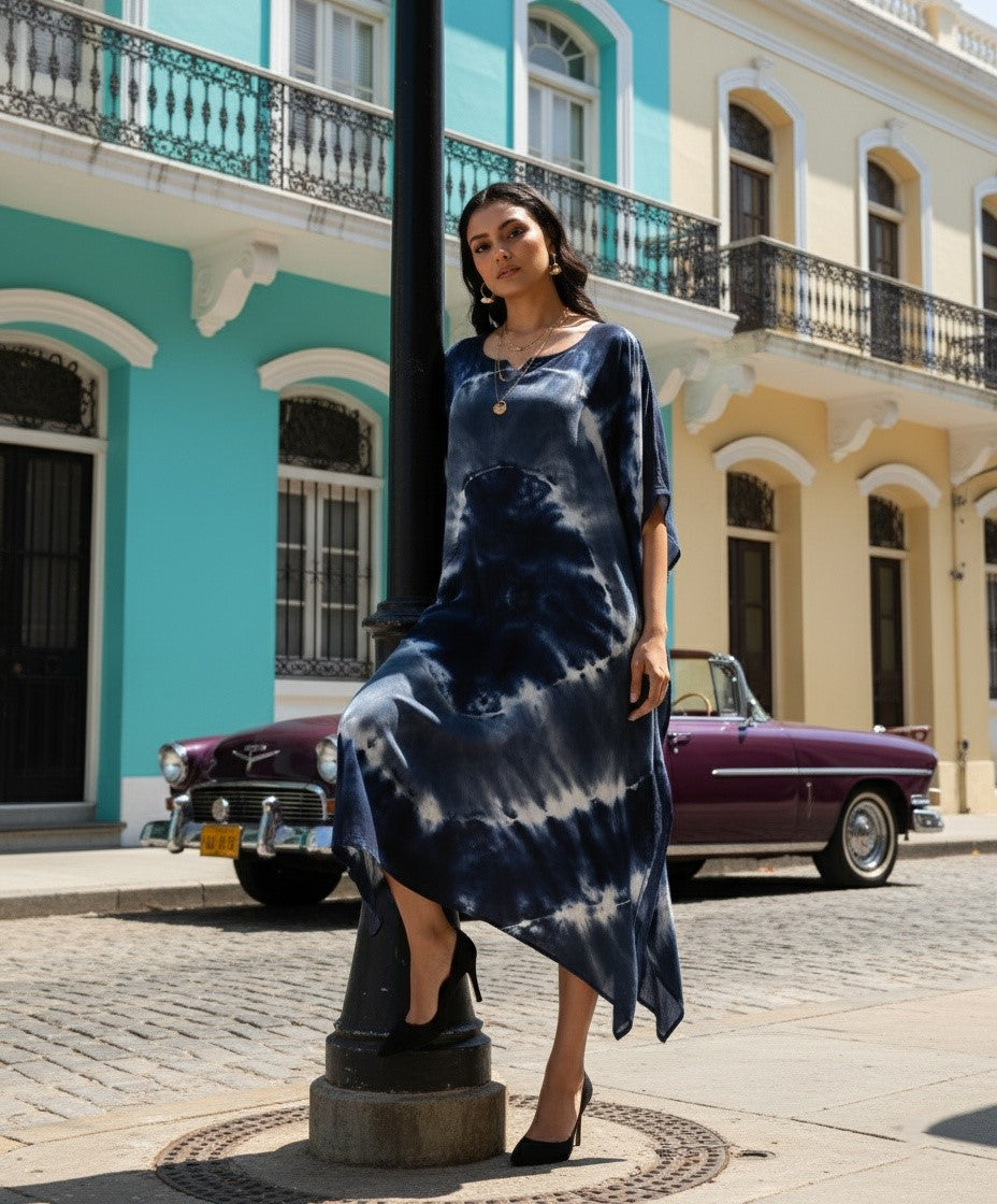 Rayon Hand Dyed Tie Dye Dark Blue Kaftan Dress (W1187)