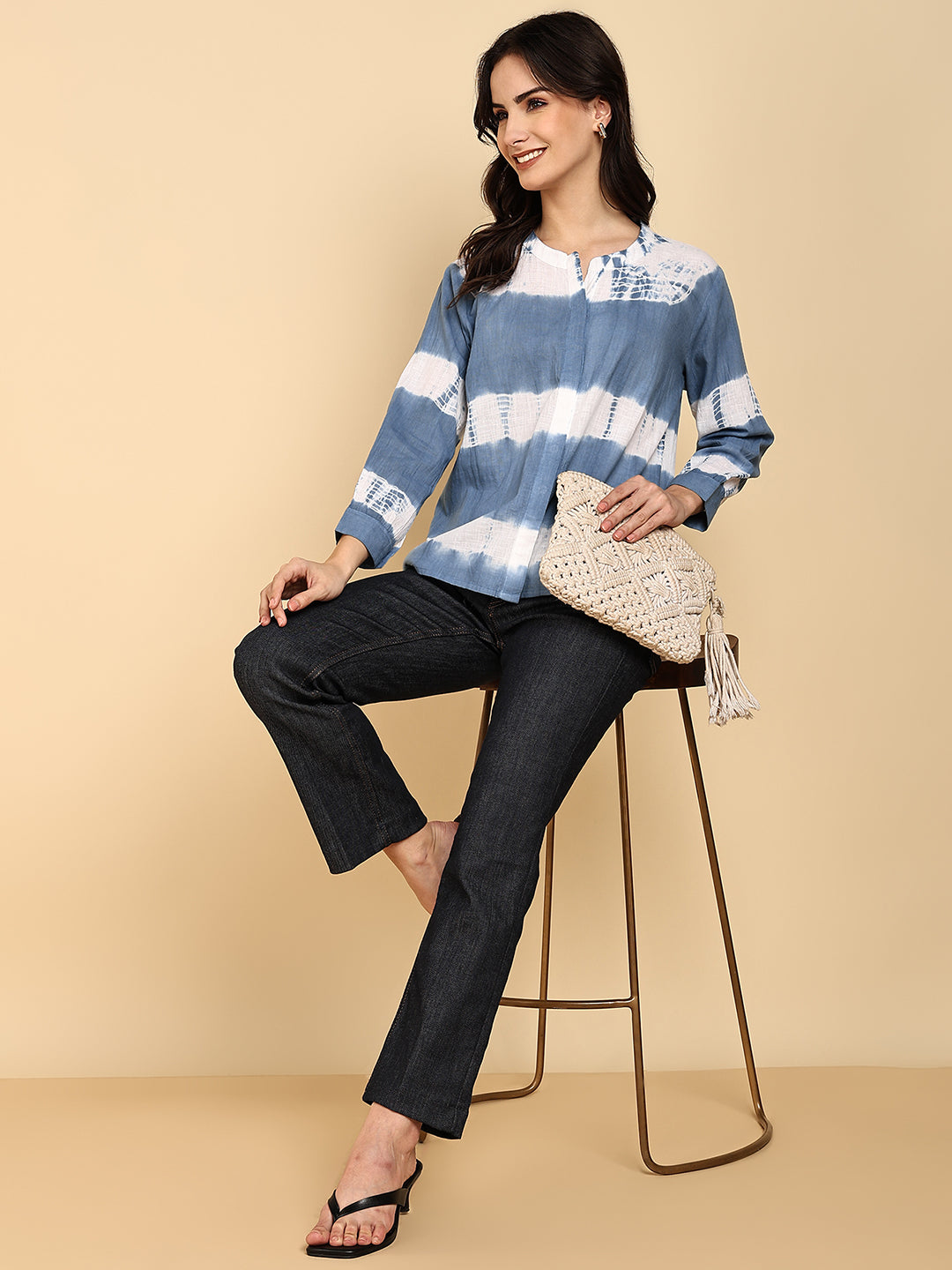 Women Casual Cotton Slub Tie & Dye Mandarin Full Sleeves Regular Fit Shirt (W1718)