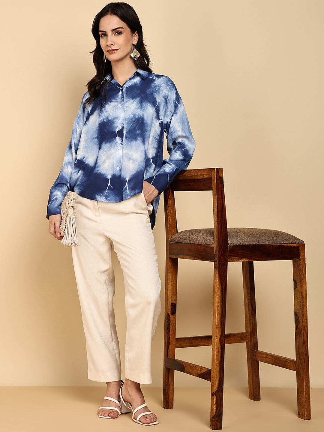 Women Casual Rayon Staple Tie & Dye Spread Collar Full Sleeves Loose Fit Shirt (W1697)