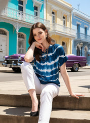 Vibrant Navy Blue Tie-Dye Everywhere Top In Soft Rayon (W1543)