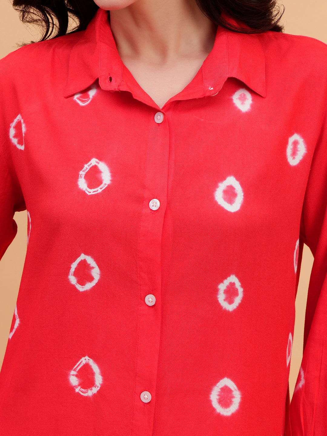 Women Red Tie-Dye Casual Rayon Regular Fit Shirt (W1795)