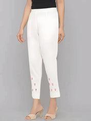 Women White Cotton Solid Casual Pant (W1068)