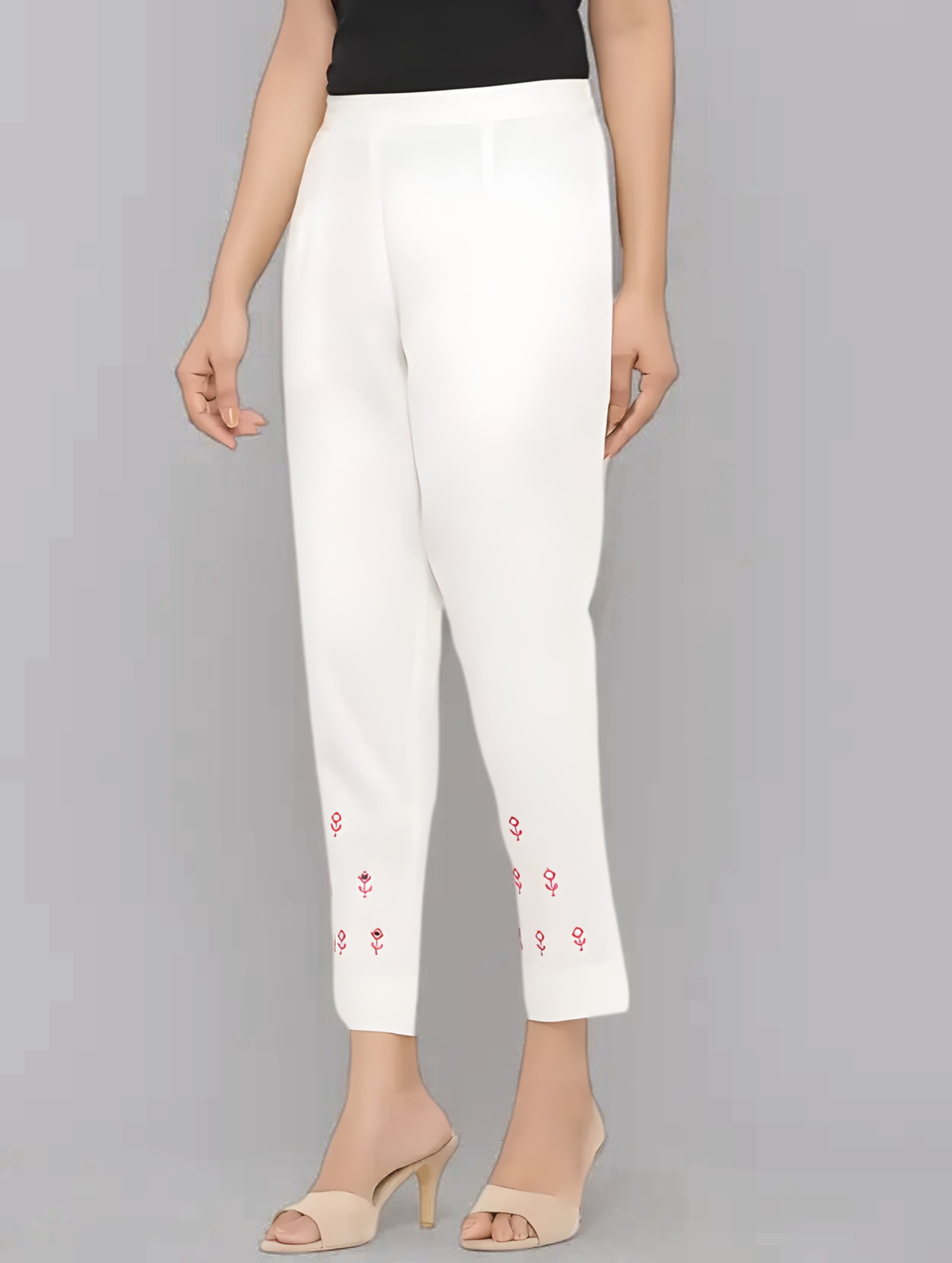 Women White Cotton Solid Casual Pant (W1068)