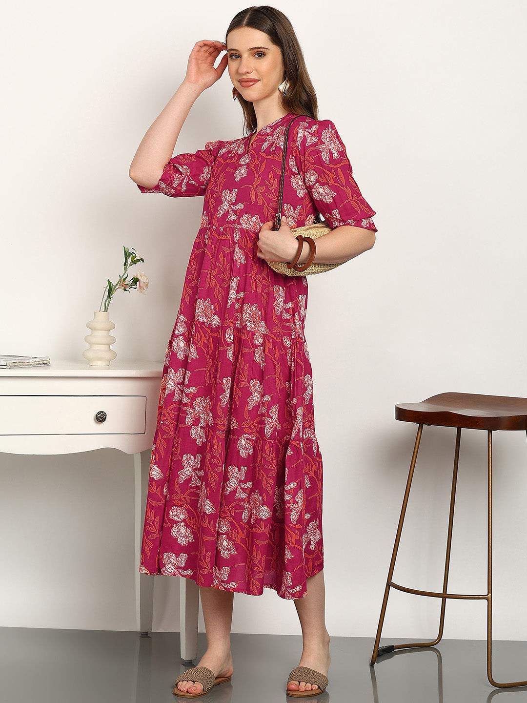 Women Cotton Printed A-Line Dress (W1739)