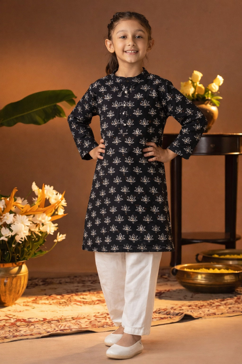 Printed Cotton Kurta Pyjama Set For Girls (K11083)