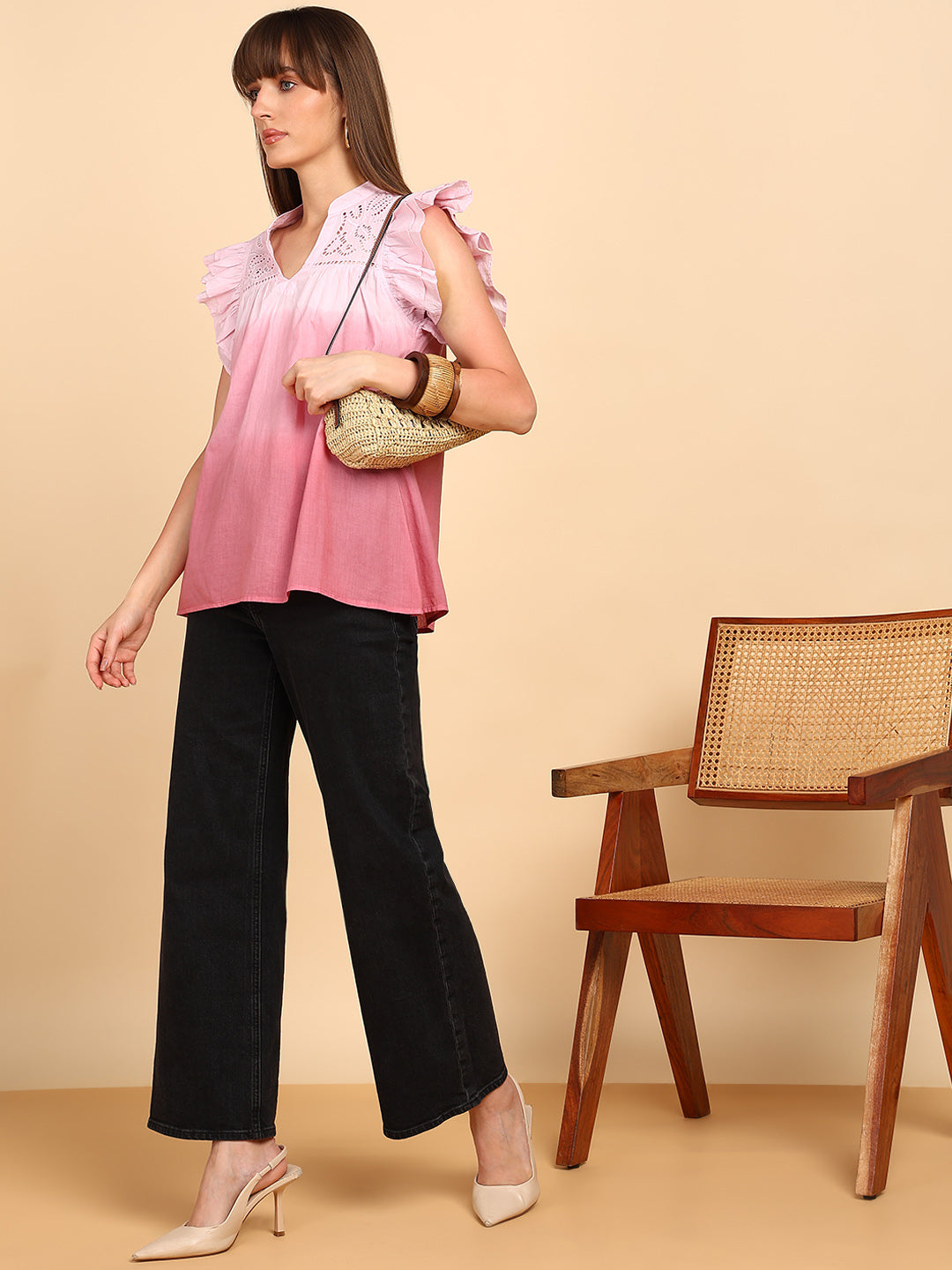 Women Cotton Tie & Dye V-Neck Regular Fit Top (W1777)