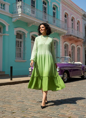 Women Handmade Self Design Cotton Blend Flared Light Green Dress (W1607)