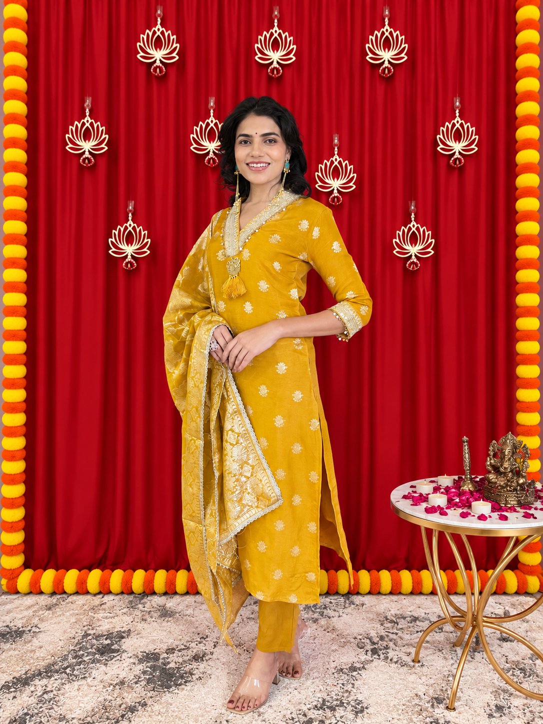 Maaesa Luxe Mustard Banarasi Silk Festive Kurta Set | Kurta Bottom Dupatta (W10007)