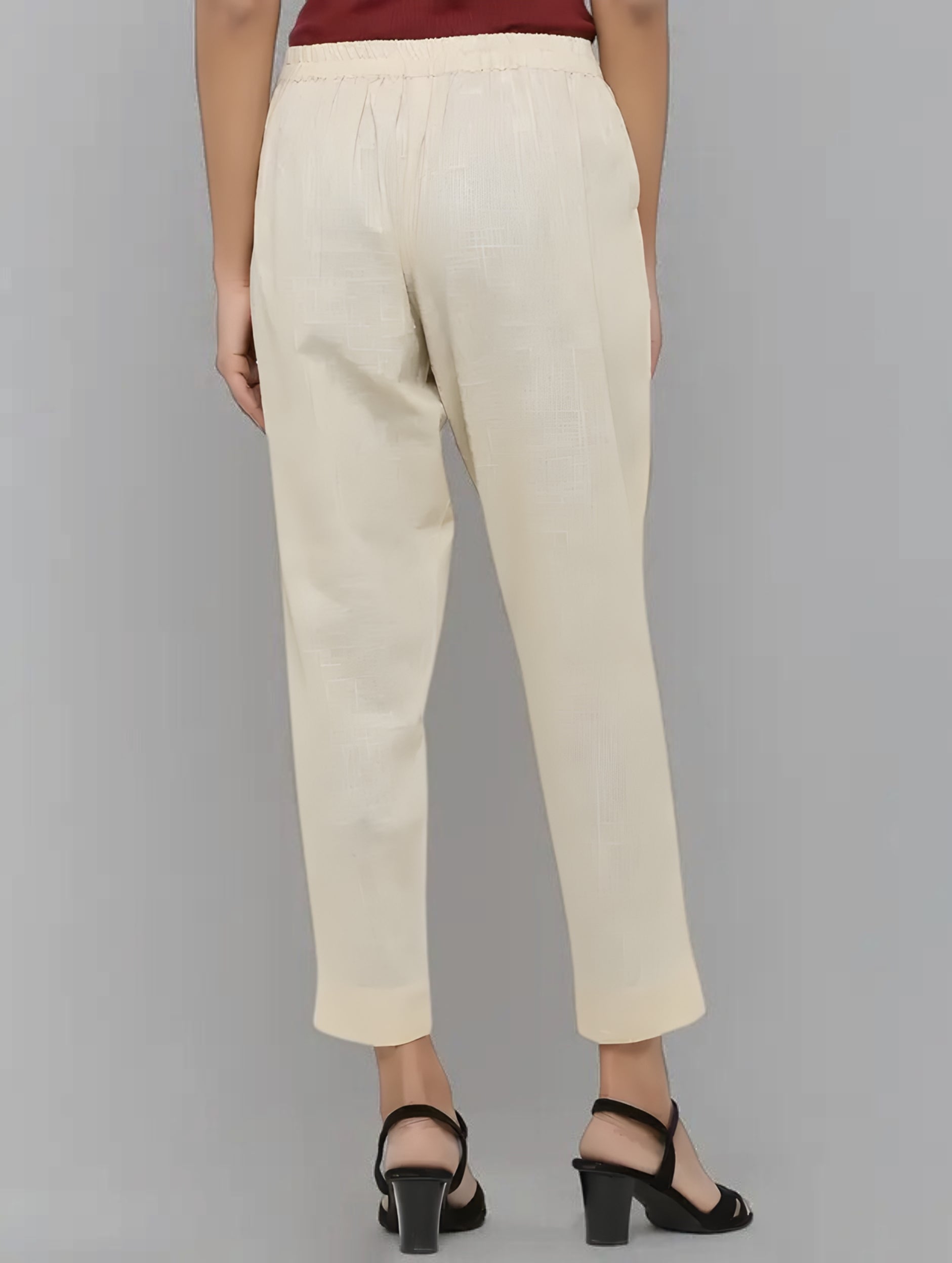 Women Off White Cotton Solid Casual Pant (W1053)