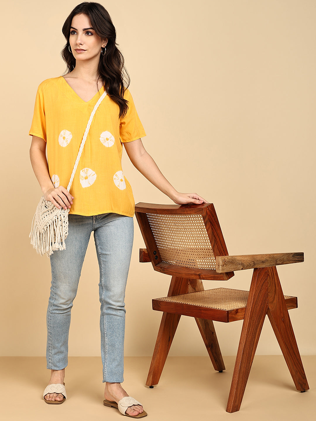 Women Casual Rayon Slub Tie & Dye V-Neck Short Sleeves Regular Fit Top (W1687)