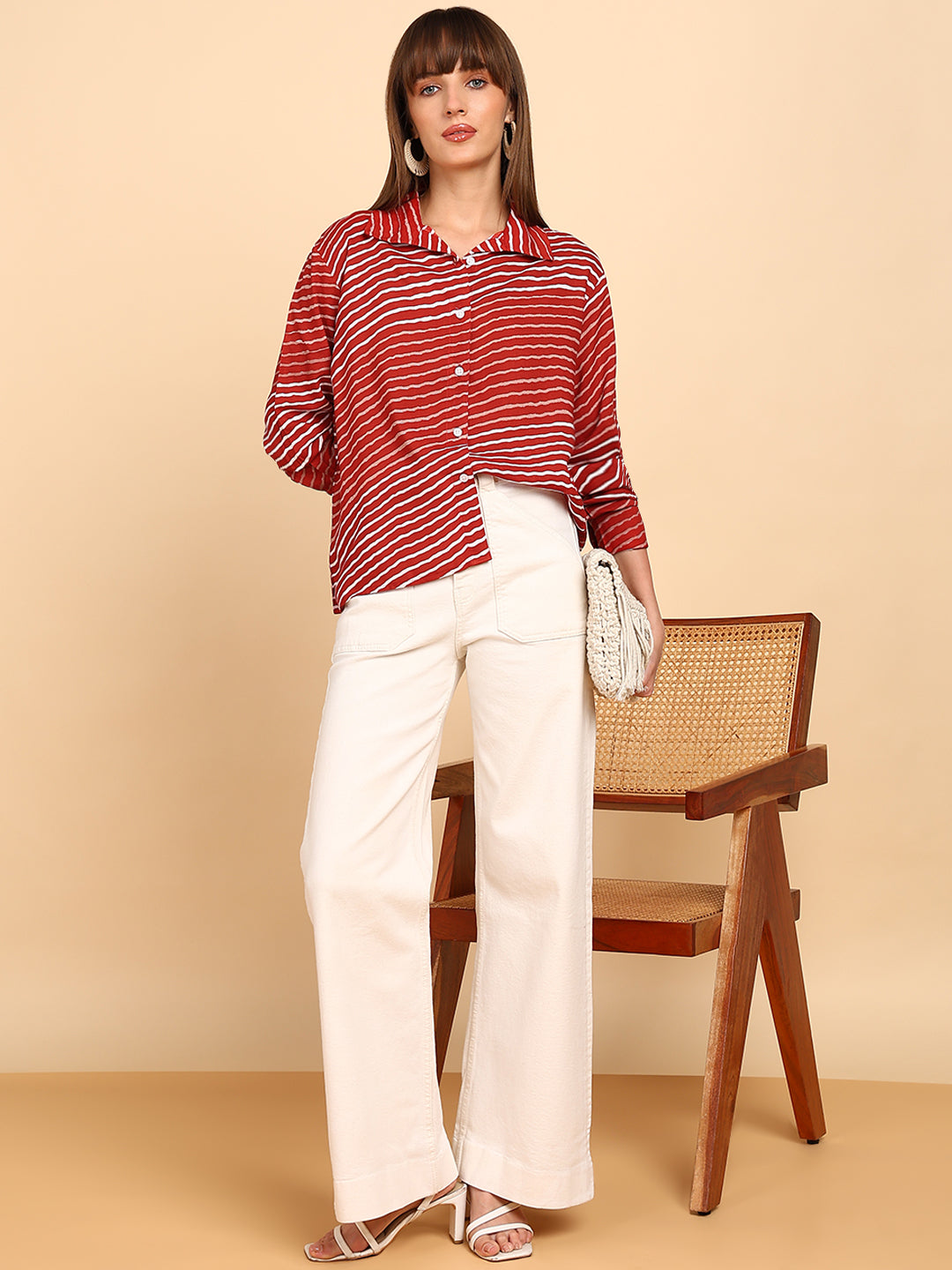 Women Rayon Slub Leheriya Print Spread Collar Regular Fit Shirt (W1760)