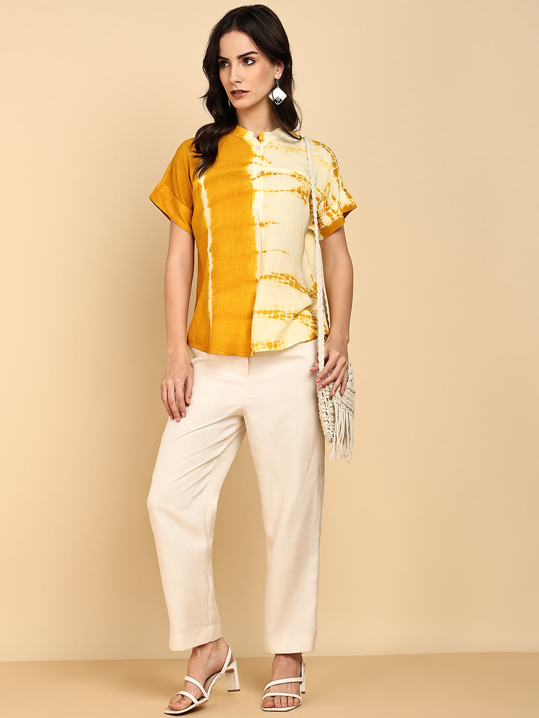 Women Casual Rayon Slub Tie & Dye Mandarin Short Sleeves Regular Fit Top (W1703)