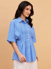 Women Pleated Blue Striped Camric Casual Shirt (W1811)