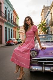 Women Handmade Floral Rayon Flared Pink Dress (W1610)