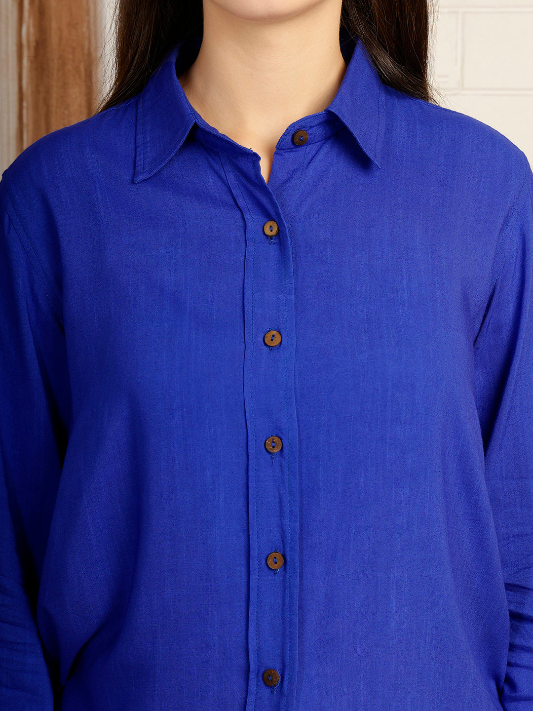 Women Camric Blue Solid Casual Regular Fit Shirt (W1819)