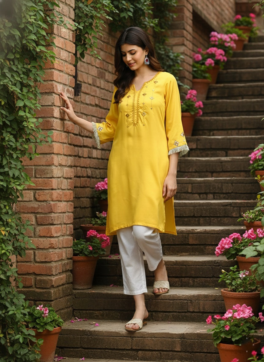 Women Casual Rayon Straight Embroidered Kurta (W1671)