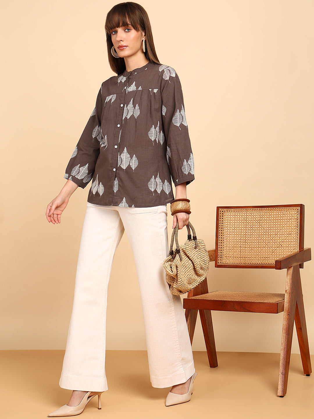Women Cotton Slub Printed Mandarin Collar Regular Fit Shirt (W1766)