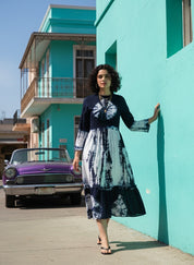 Women Handmade Floral Cotton Blend Flared Dark Blue Dress (W1606)